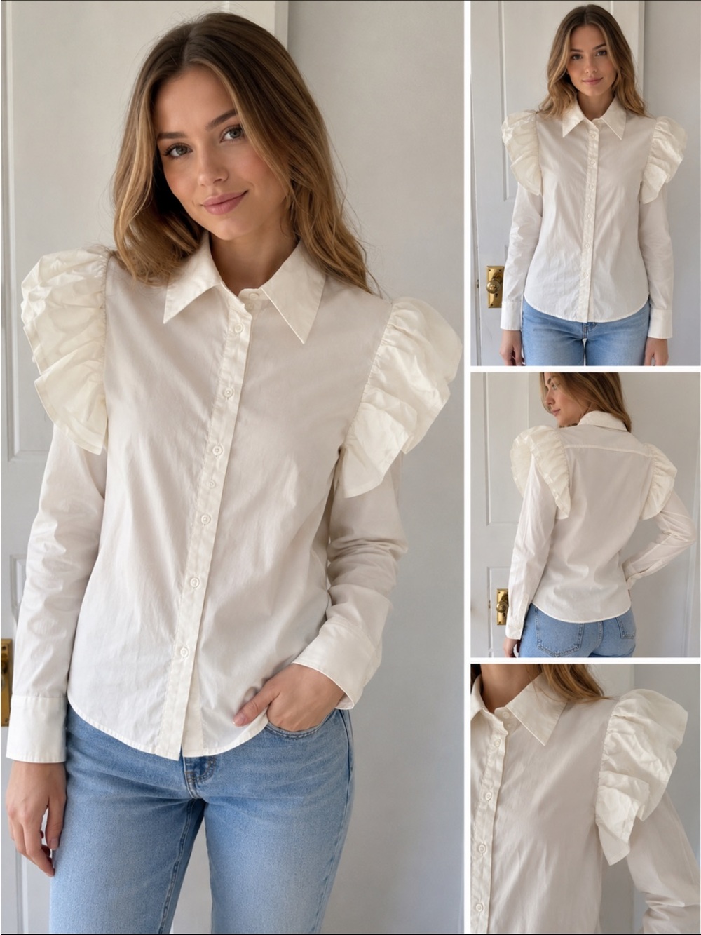 NADA White Puff Sleeve Button-Up Blouse